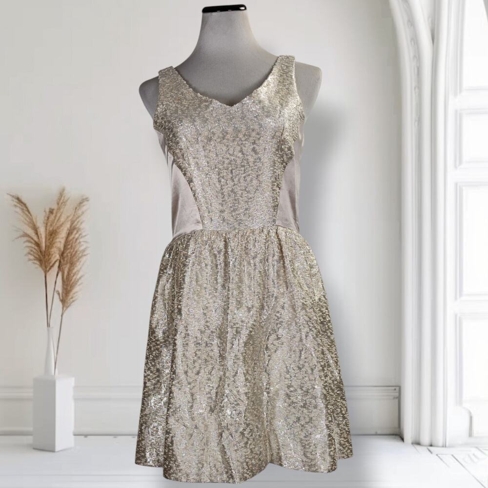 Kirribilla Coreen Champagne Metallic Mini Dress Size 8 Wool Silk Cocktail Bridal
